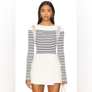 $395 A.L.C. Isa Navy & Bone Striped Long-Sleeve Knit Sweater Top, Size SMALL